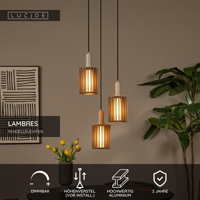 Lucide LAMBRES - Pendelleuchten - 3xE27 - Taupe